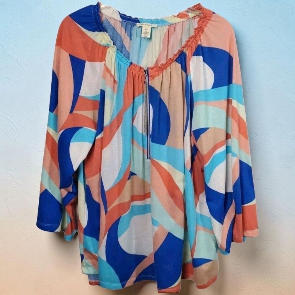 Westbound Top Womens XL Blue Orange Abstract On Off Shoulder Chain Zip 70s Vibe